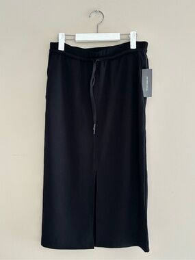 NWT Joe Fresh Black Midi Skirt Size Medium Elastic Drawstring Waist Front Slit